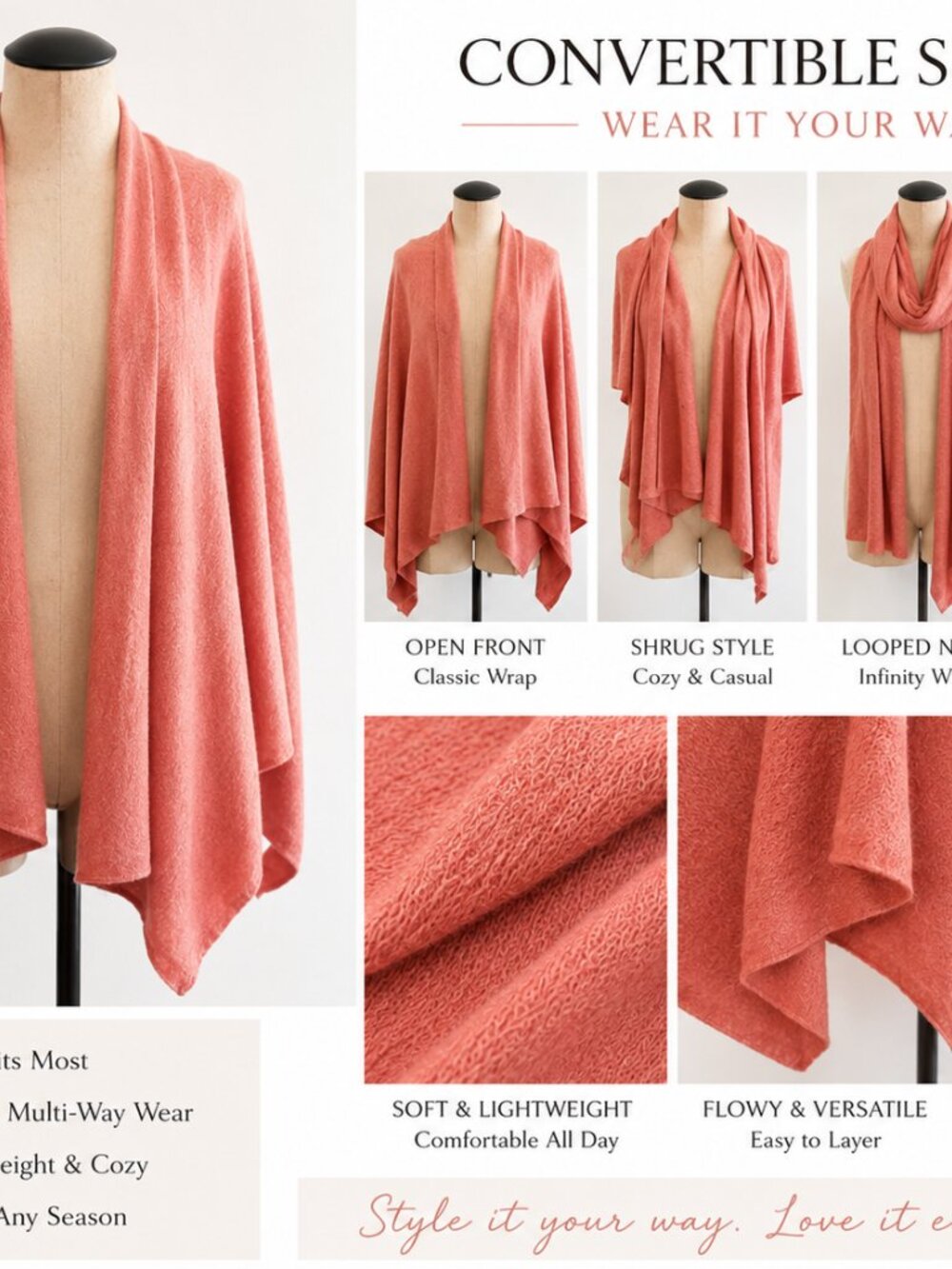 Soft Salmon Pink Convertible Wrap Shawl Poncho One Size